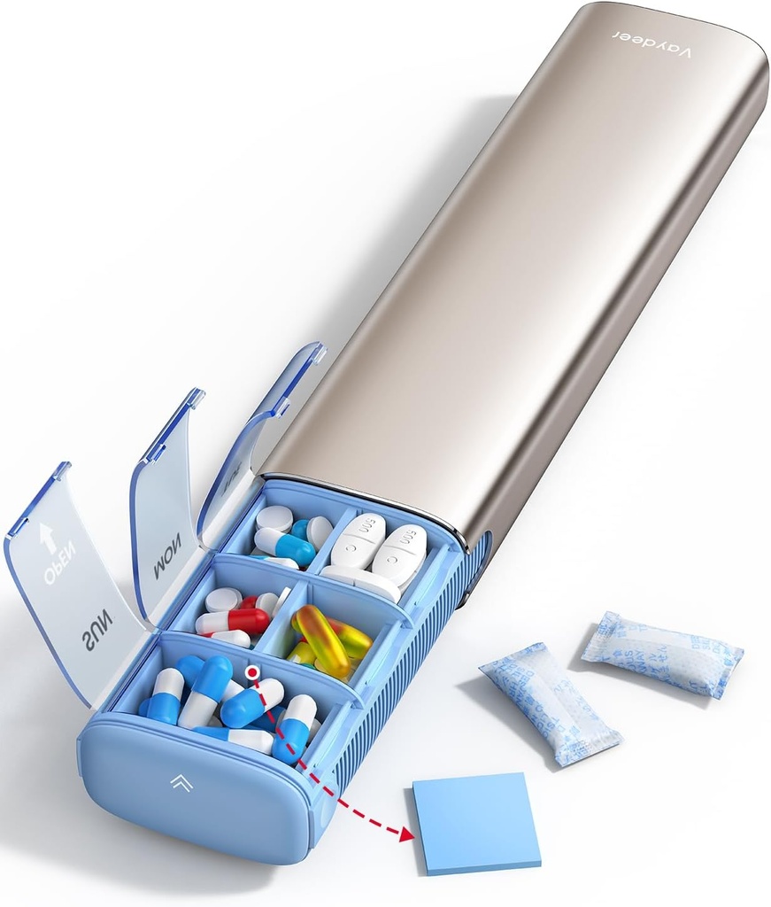 Vaydeer 7 días organizador semanal de píldoras (Apoyo 2 veces al día), caja de la pila de metal, gran capacidad Caja de la pila diaria para suplementos, píldoras, vitaminas y medicamentos (Champagne), 8.3*2.1*1.2 Inch