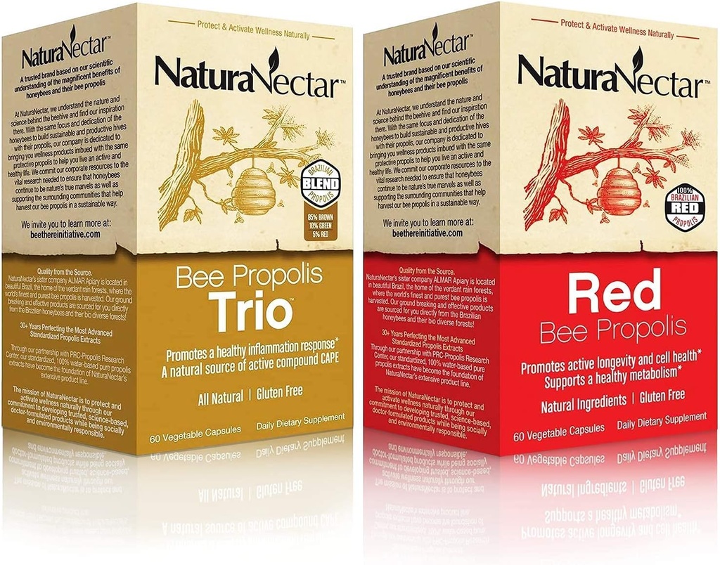 NaturaNectar Natural Bee Propolis Bundle - Trio and Red Propolis - for Immune and Cardiovascular Support and a Healthy Metabolism* - 60 Capsules per Bottle