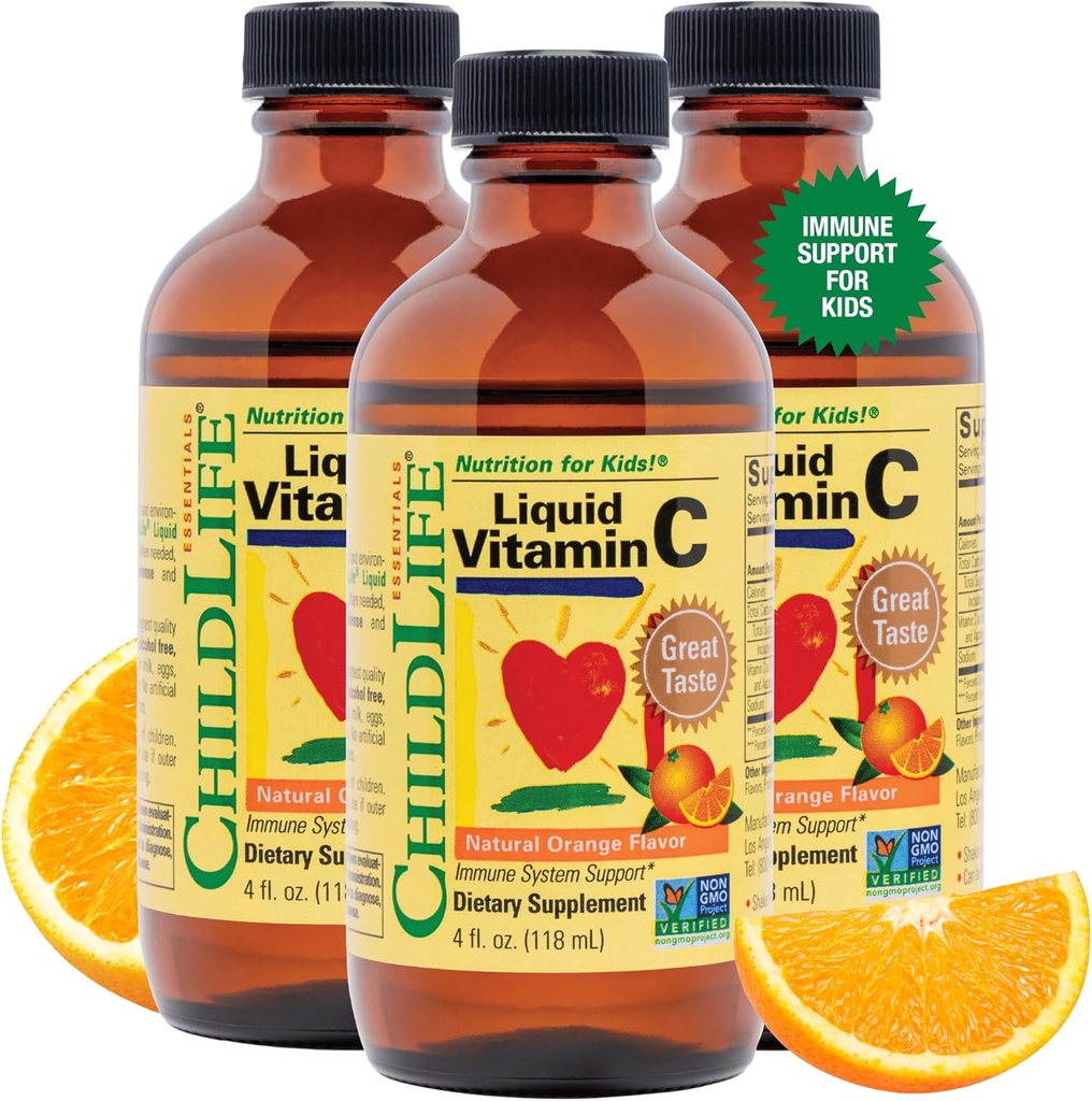 NILDLIFE ESSENTIALS Vitamina líquida C - Suplemento líquido puro de vitamina C para niños, soporte del sistema inmunológico, gran sabor - naranja natural, 4 Fl Oz (Pack of 3)