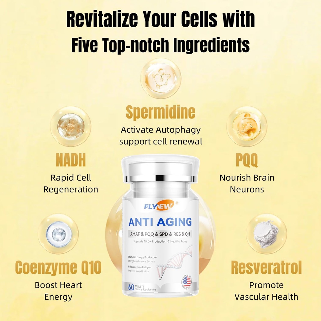 Anti-Aging, Resveratrol,NADH PQQ, Healthy Hair, Skin, and Nails, Cellular Health, Spermidine, Ubiquinol, GMP, Made in USA 60 Capsules