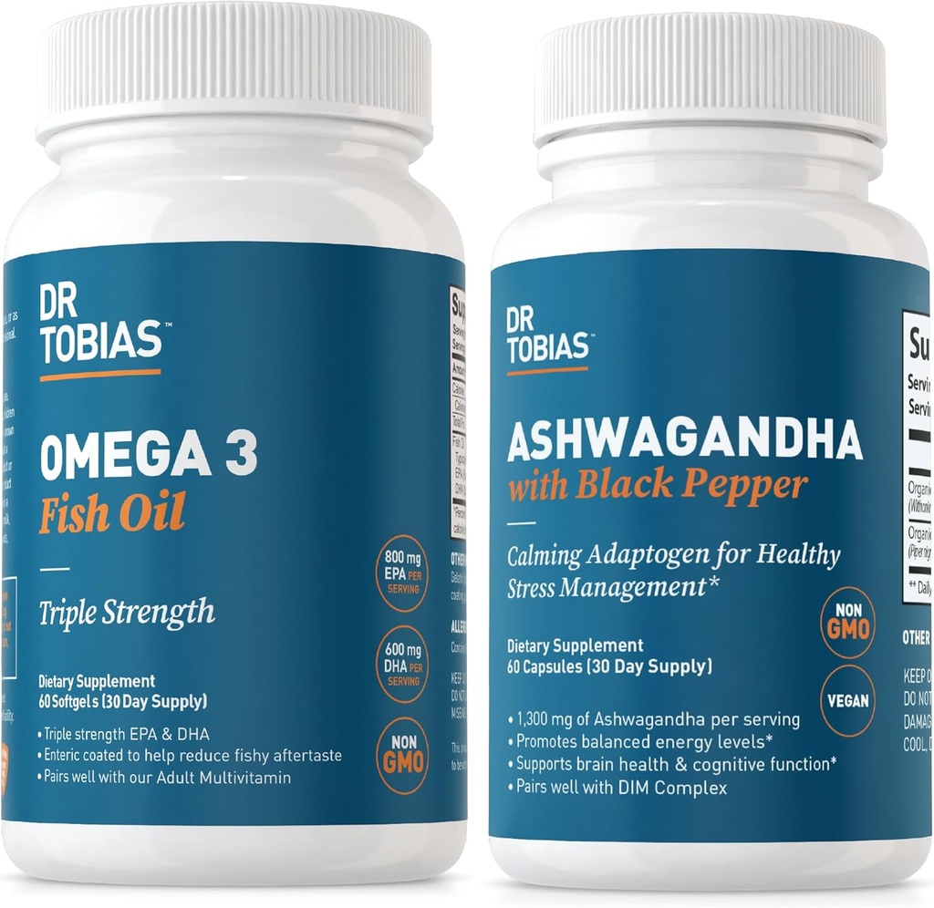 Dr. Tobias Omega 3 Fish Oil and Ashwagandha Capsules, Support General Wellness & Balanced Energy ' Resilience, Non-GMO