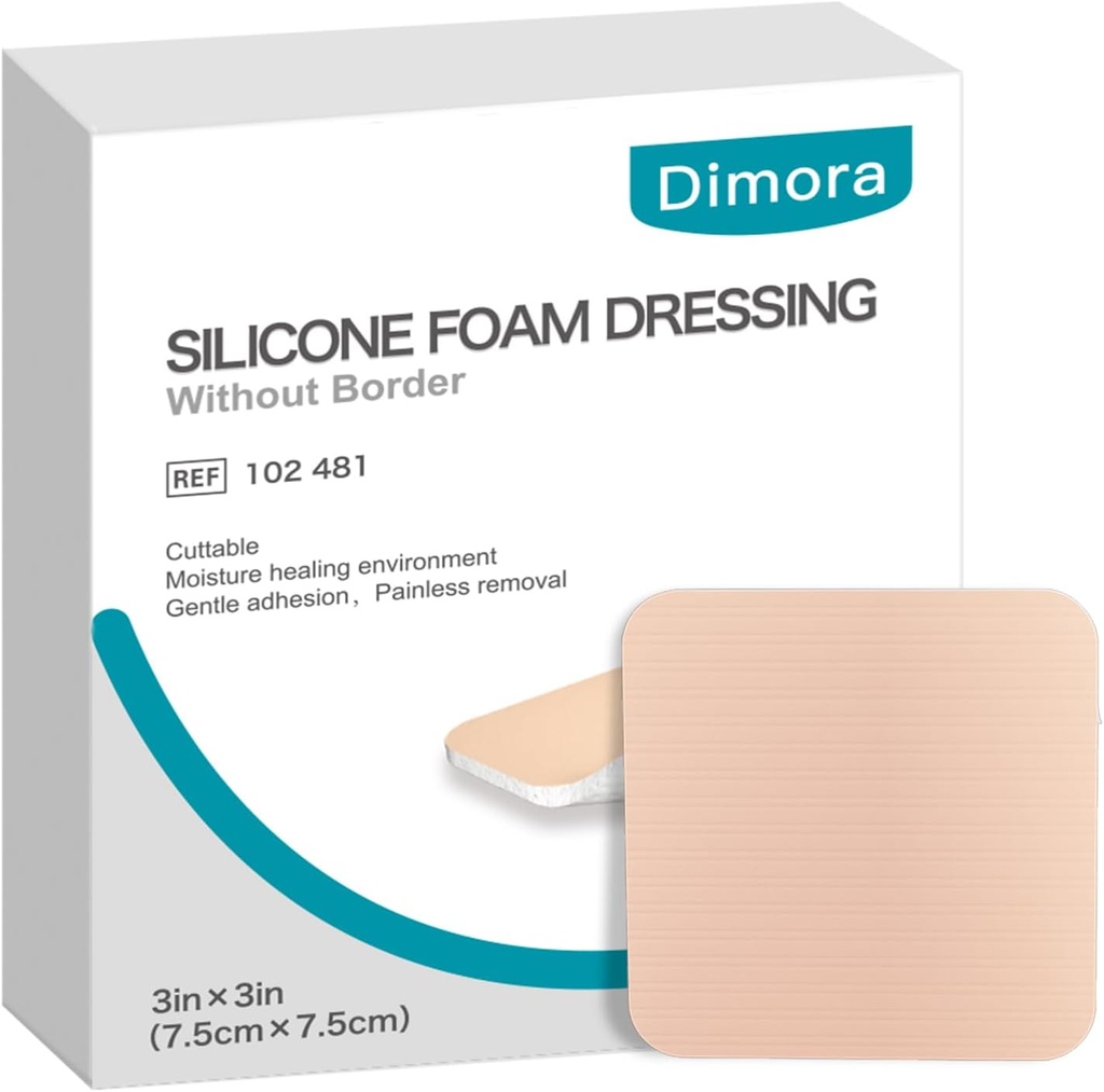 Dimora Silicona Foam Dressing Sin Frontera 10 Pack- 3"x 3" Altamente Absorbent Bandas impermeables Adhesivas para heridos, Paletas de corte para el cuidado de heridas y vestidos