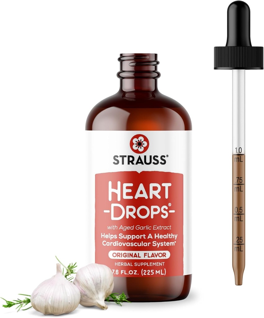 Strauss Naturals Heart Drops – Natural Mistletoe " Aged Garlic Extract Heart Health Supplement – Helps Maintain Healthy Cardiovascular System – Vegan " Non-GMO – 225 ml Bottle