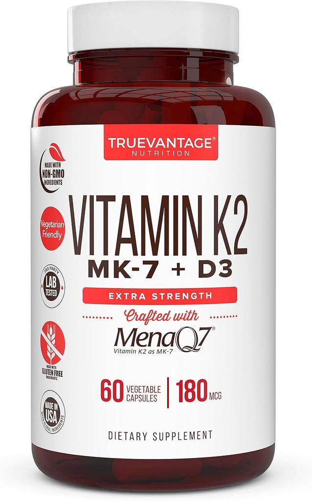 Vitamin K2 D3 Supplement 5000 IU D3 and 180 mcg Vitamin k2 MK7 Supplement for Healthy Bones, Healthy Heart & Cardiovascular Health-60 Easy to Swallow Vegetable caps of MenaQ7 K2 MK7