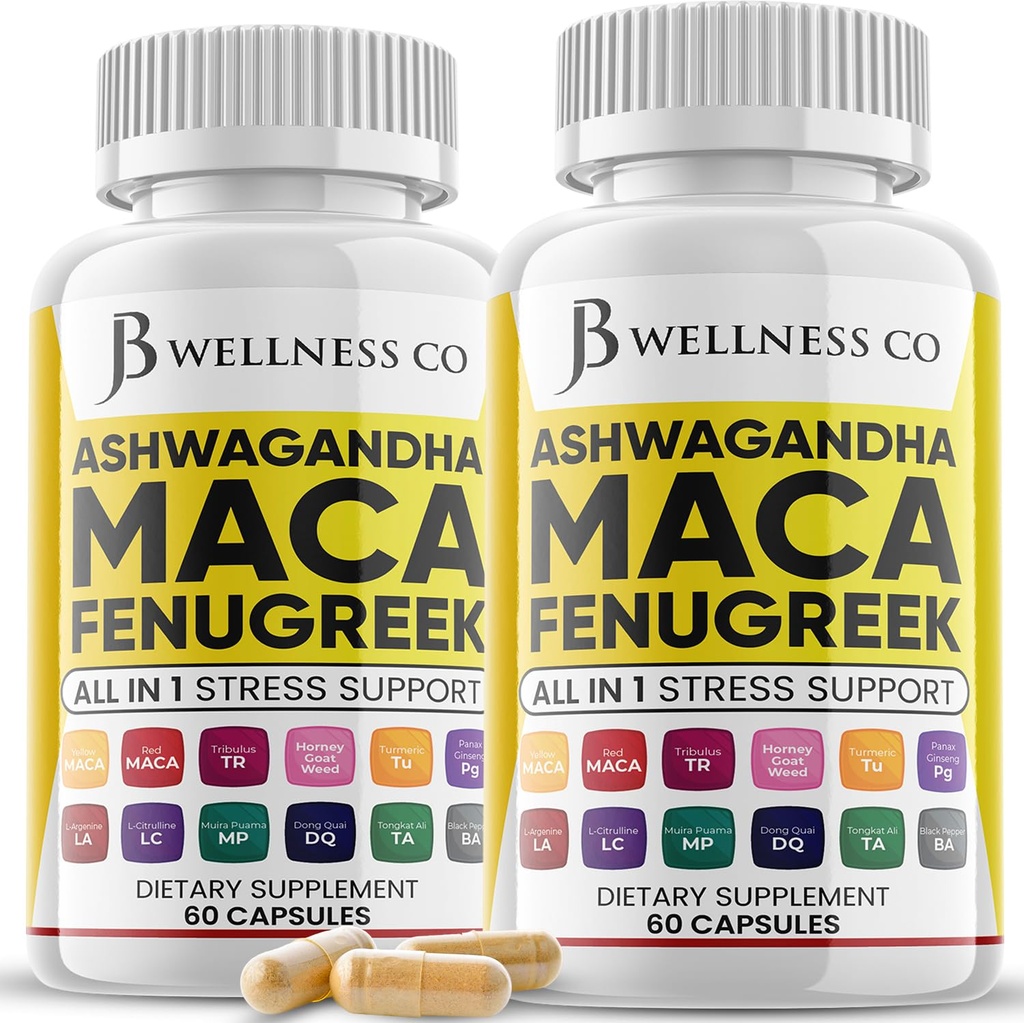 Ashwagandha Maca Root Fenugreek Suplemento con Tongkat Ali Ginseng - Asistencias con Mood & Thyroid Health - Made in USA - 120 Conde