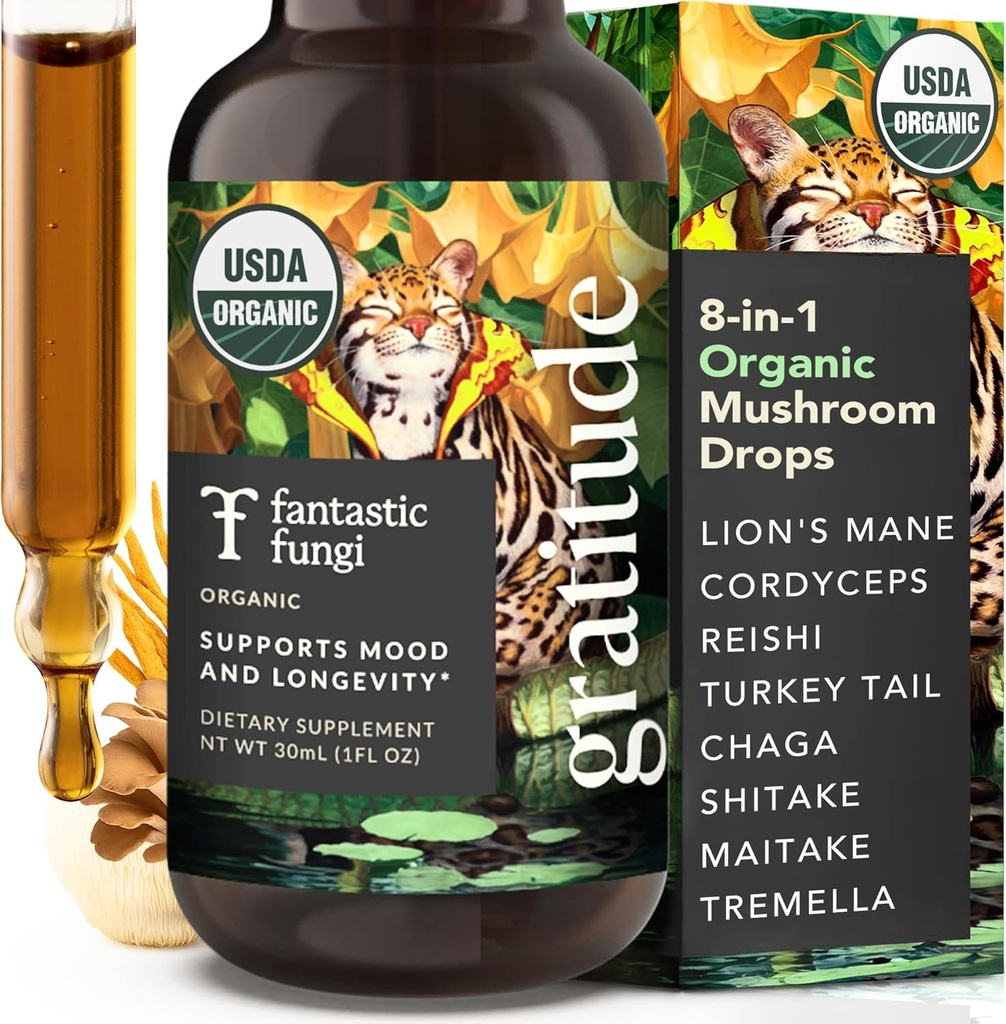 Fantástico extracto de hongos de hongos Fungi - 8-en-1 Suplemento de musgo complejo orgánico con Cordyceps, Reishi, Lion's Mane, Chaga, Turquía Tail, Shiitake, Maitake &amp; Tremella - Adaptogen Liquid Tincture, 1 fl oz