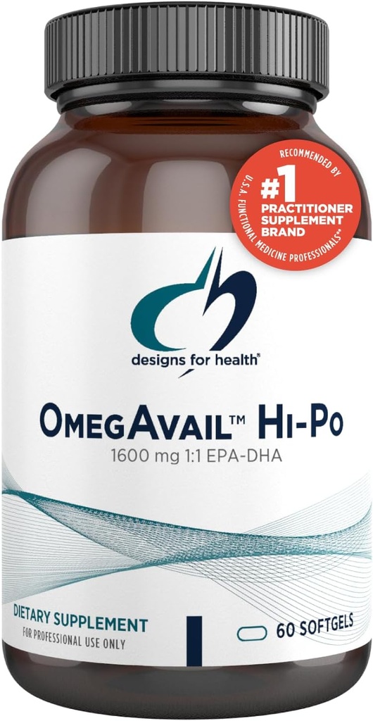 Diseños para la salud OmegAvail Hi-Po - TG (Triglyceride) Suplemento de aceite de pescado Omega-3, 1600mg EPA/DHA por servir con limón + vitamina E para minimizar el sabor a pescado (60 Softgels)