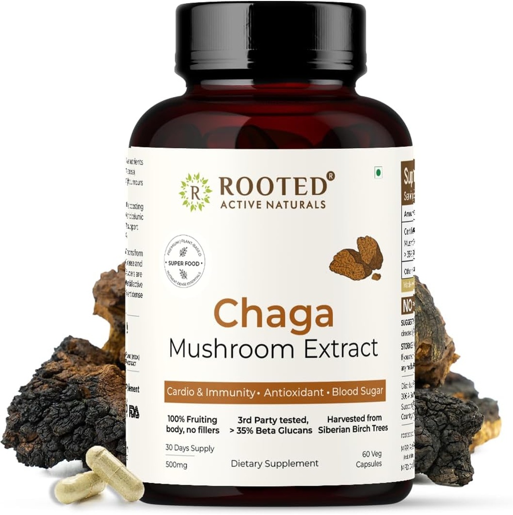 ROOTED Actives, Siberian Chaga Mushroom Extract, Certified Orgánica Vida 35% Beta Glucans - Lab Verified  sometida Antioxidant & Vitality Support (60 Veg Caps)