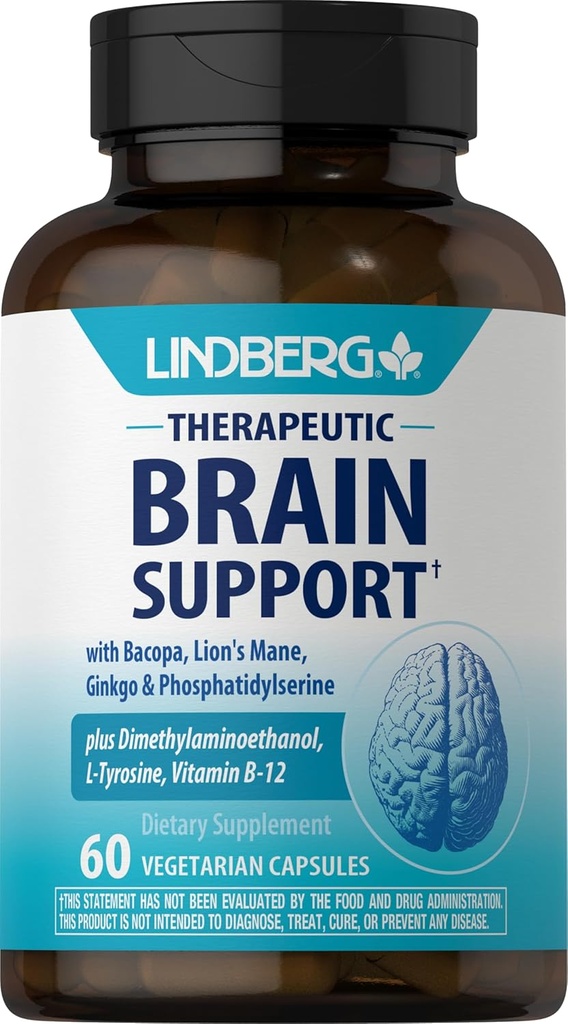 Lindberg Brain Support Suplemento para Mujeres y Hombres Vida 60 Capsules ← Complejo Pills  with Phosphatidylserine, Lion's Mane, Vitamin B12 ← Vegetarian, Non-GMO, Gluten Free