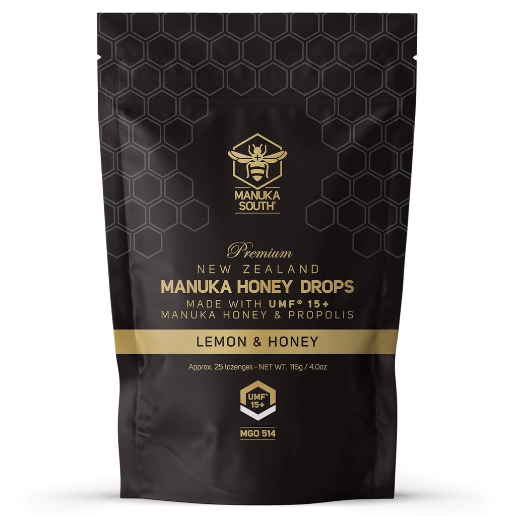 Manuka Honey Drops UMF 15+ / MGO 514+ " Propolis Drops Made in New Zealand – Natural Ingredients – Soothing Drops – Lemon & Honey Flavor - 25 gotas