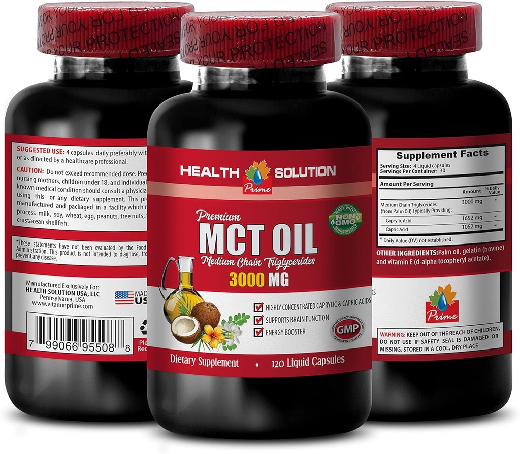 Suplementos de soporte energético - MCT Oil 3600MG, 100% Puro, Triglicéridos de cadena media - aceite de mct Hecho con aceite de coco, píldoras de aceite de mct, aceite de mct para memoria, aceite de mct para cerebro, aceite de coco mct - 1B 120Soft
