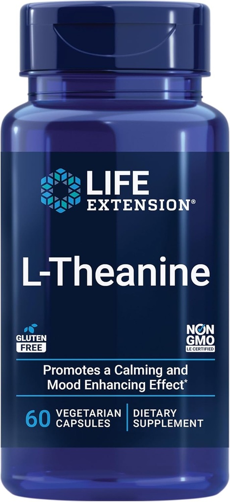 Extensión de la vida L-Theanine, Amino Acid theanine, Calm, Relax, Mood, Gluten-Free, Non-GMO, Vegetarian, 200 mg, 60 cápsulas
