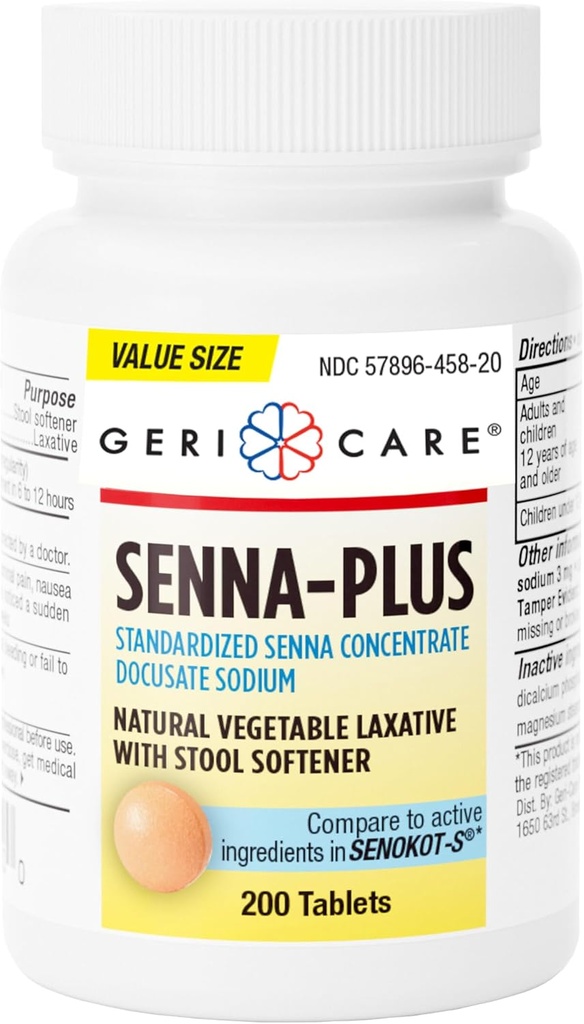GeriCare Senna Plus Laxante Natural con Softener de Taburete, Sodio Docusate 50mg, Sennosides 8.6mg, 200 Tabletas (Pack of 1)
