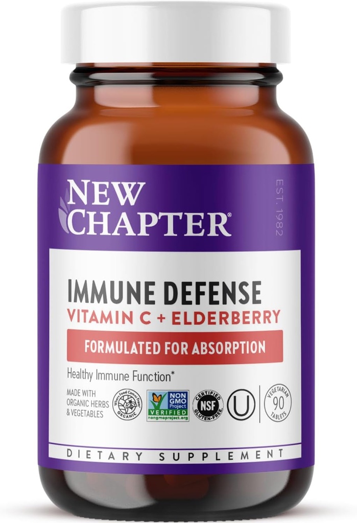 Nuevo Capítulo® Vitamina C Immune Defense Suplemento + Elderberry – Excelente fuente de vitamina C, una mesa diaria para el soporte de inmunológico saludable, hecho con hierbas orgánicas, no GMO, Gluten Free, 90 ct