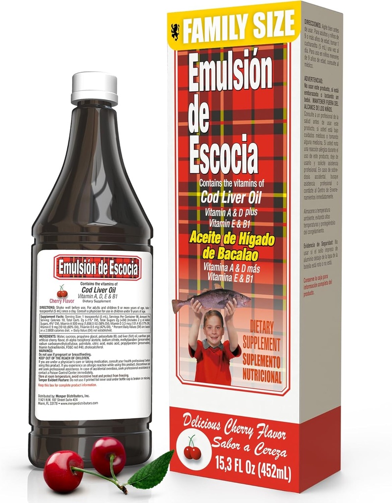 Emulsión de Escocia con aceite de hígado de bacalao – sabor de cereza – Vitaminas A, D, E &amp; B1 para soporte de inmuno y hígado – Suplemento líquido para niños – 15.3 Fl Oz TENIDO 1-Pack