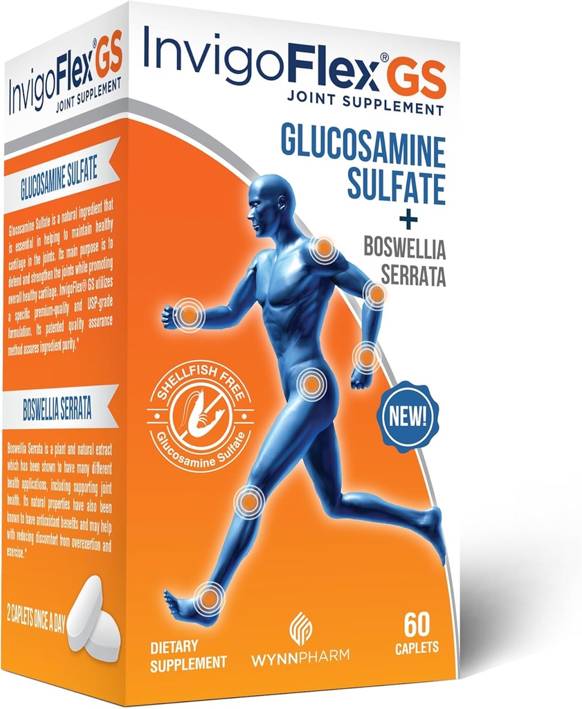 INVIGOFLEX® GS - Glucosamine Sulfate (Shellfish Free, Sodium Free " Vegetarian Safe) Non GMO, Gluten Free - with Boswellia Serrata - Knees, Hands, Back, and Hip Premium Joint Supplement