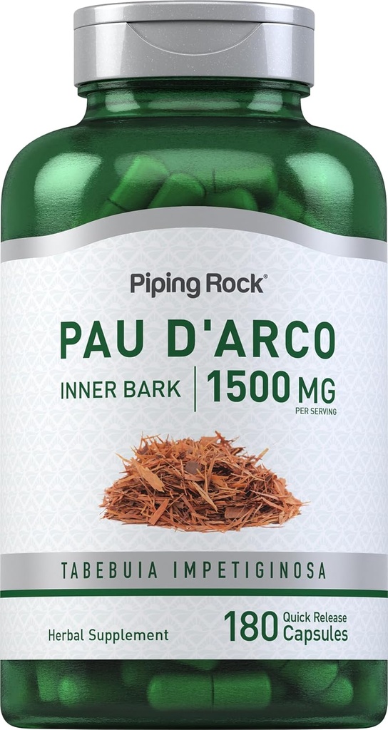 Piping Rock PAU D'Arco Capsules Silencio 1500 mg Silencio 180 Píldoras ← Herb Extract Suplemento No-GMO, Gluten Free