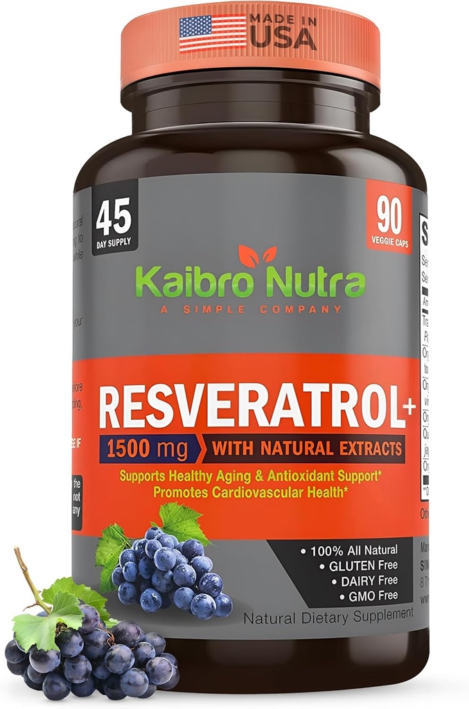 Kaibro Nutra Resveratrol Supplement, 1500mg Extra Strength Trans Resveratrol, Quercetin with Japanese Knotweed Extracts, Anti-Aging, Radiant Skin and Immunity Support, Vegan " Non-GMO, 90 Capsules
