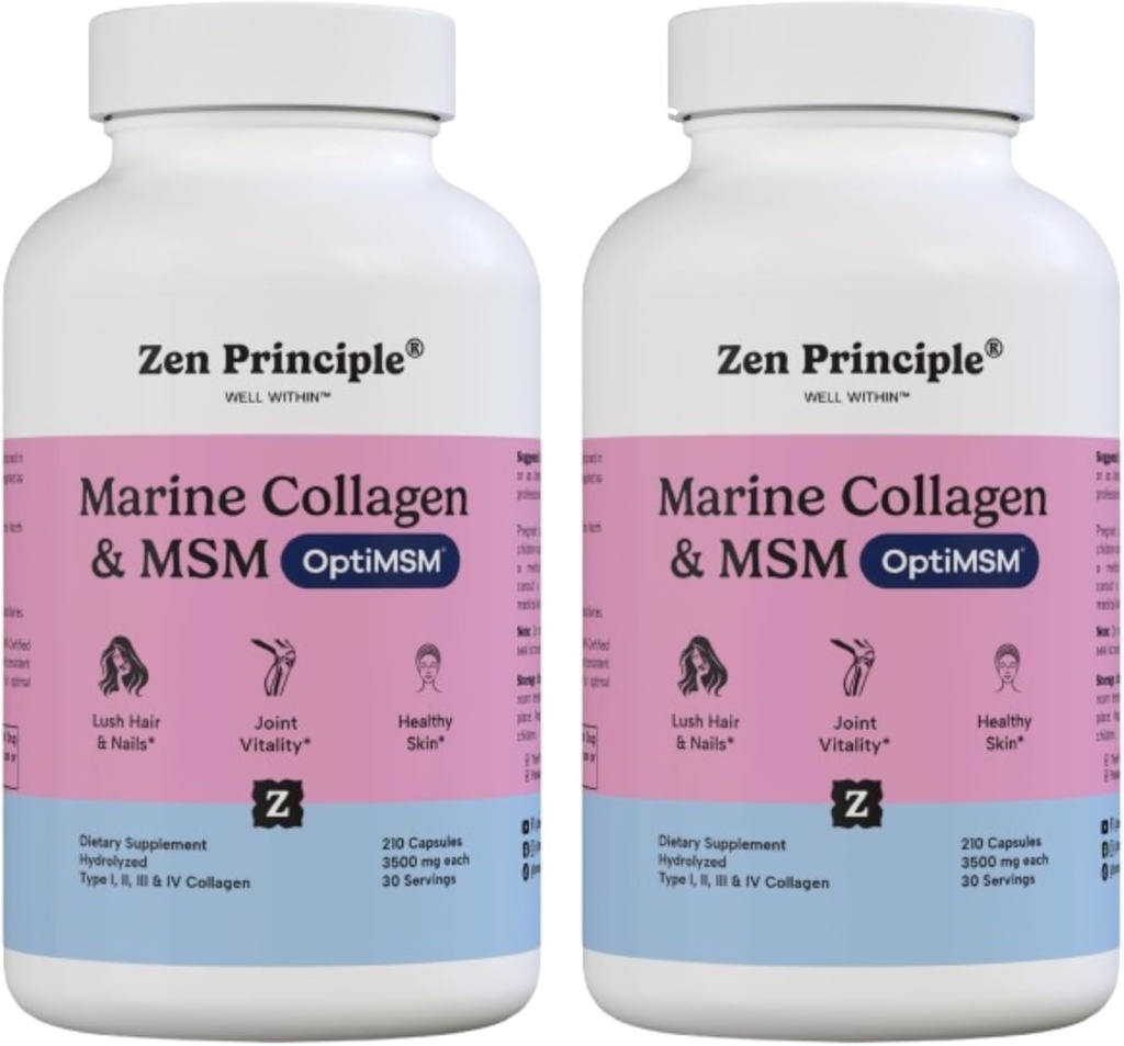 Principio Zen Peptides de Collagen Marino Polvo con OptiMSM® Suplemento. Prueba clínicamente para soporte de piel. Pescado salvaje, no GMO. 420 cápsulas.
