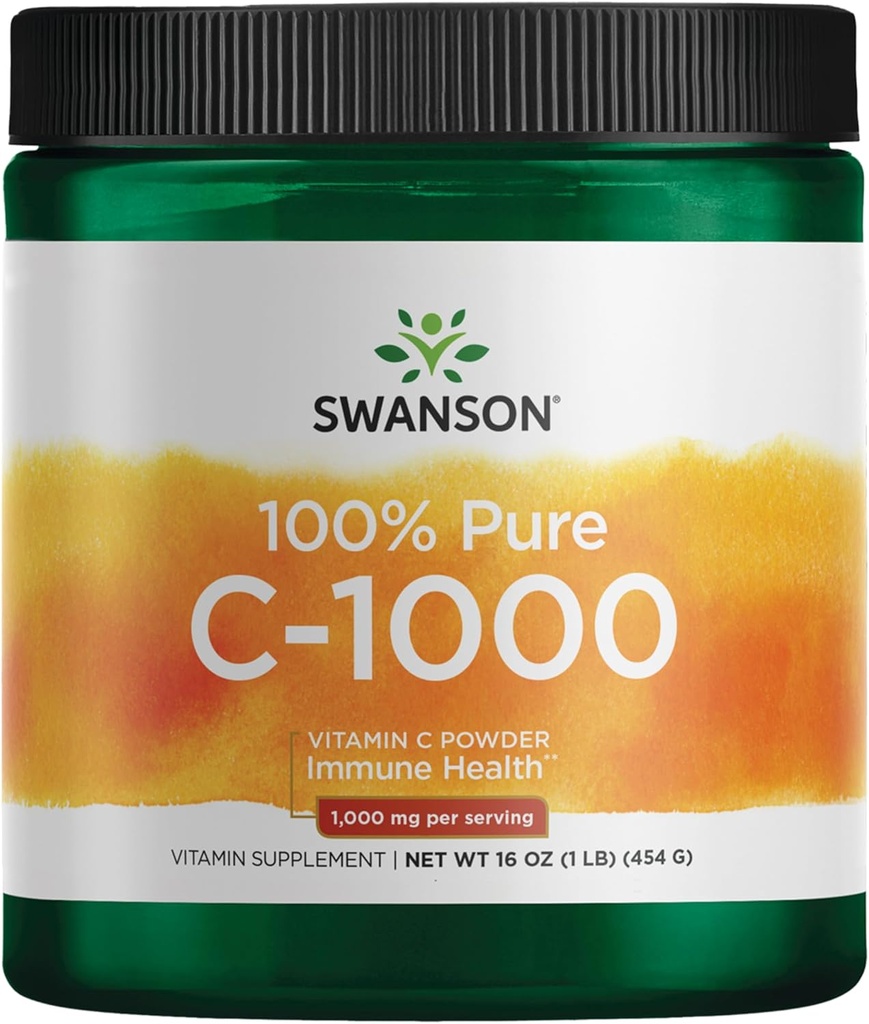 Swanson Vitamina C Polvo 100% ácido ascórbico puro, Apoyo al sistema inmunológico, Salud de la piel, Salud cardiovascular, Suplemento antioxidante 1000 mg (por servicio) 1 lb. 454 g
