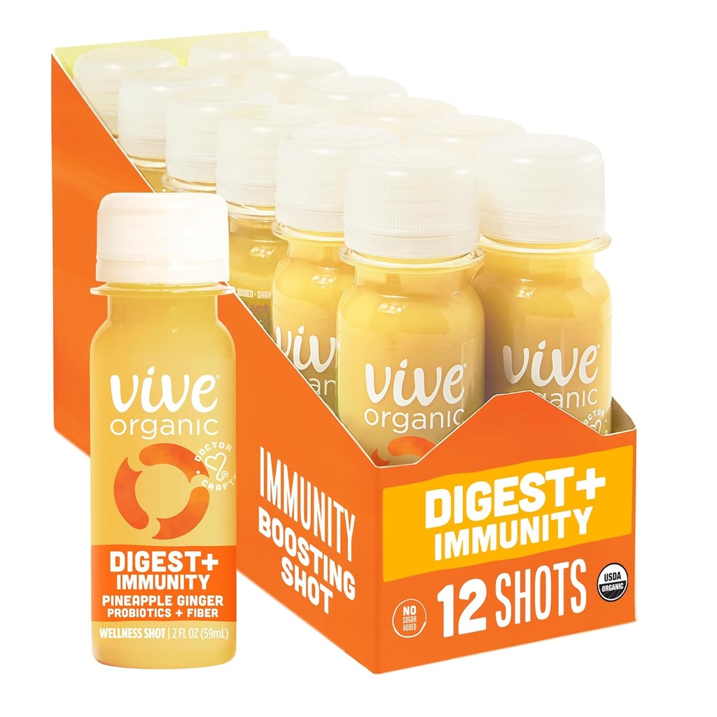 Vive Organic Digest + Immunity Dual-Boost Shot, Cold-Presed Aloe Vera, Apple Cider, Probiotics, 2g Fiber, Gluten Free, Vegan, 2 Fl Oz (Pack of 12)