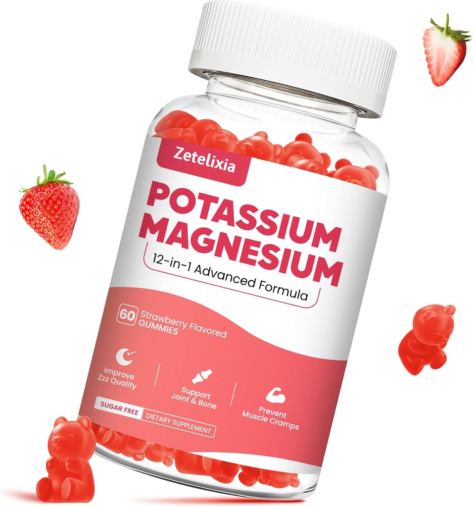 Potasio Magnesio Suplemento Gummies para Adultos Niños, Magnesium Glycinate & Potassium Citrate, Plus Multivitamin, Omega-3 " Black Pepper, Leg Cramps, Muscle " Heart Health, 60ct