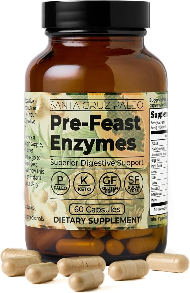 Santa Cruz Paleo Pre-Feast Digestive Enzymes for Women and Men, Fiber Supplement for Gut Health & Digestive Health, Gluten Free, Keto, Sugar Free, Paleo, with Bromelain, Ginger Root, 60 Capsules