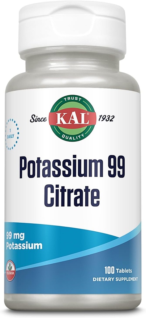 Citrato de potasio KAL 99mg, Equilibrio fluido y electrolito, Suplemento de potasio para el musculo, nervios y apoyo a la salud cardíaca, vegetariano, absorción aumentada, garantía de 60 días, 100 Serv, 100 Tabletas