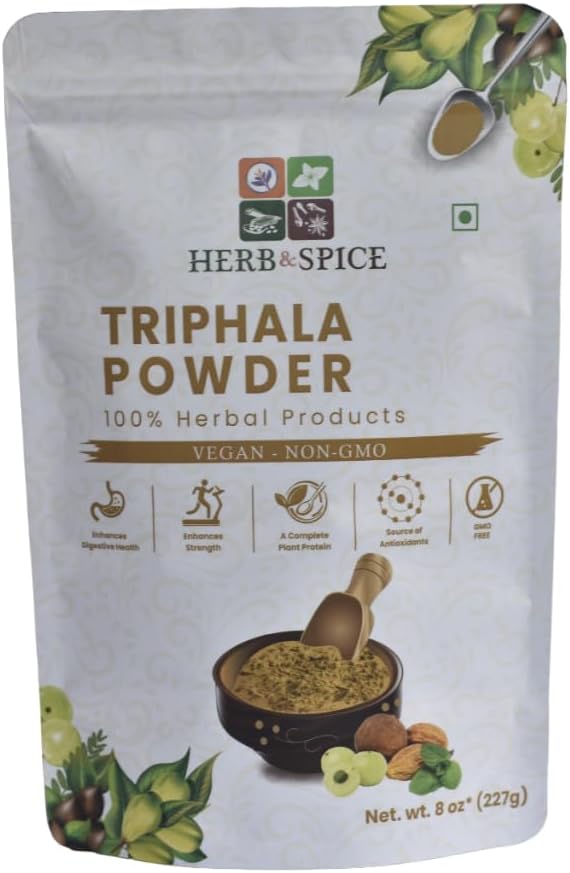 Triphala Powder Non GMO, Gluten Free, 100% Raw, Fuente de India, Herbal Fórmula de Amla, Haritaki, Bibhitaki, Empaquetado en Resealable Zip Lock Pouch (227 Gram)
