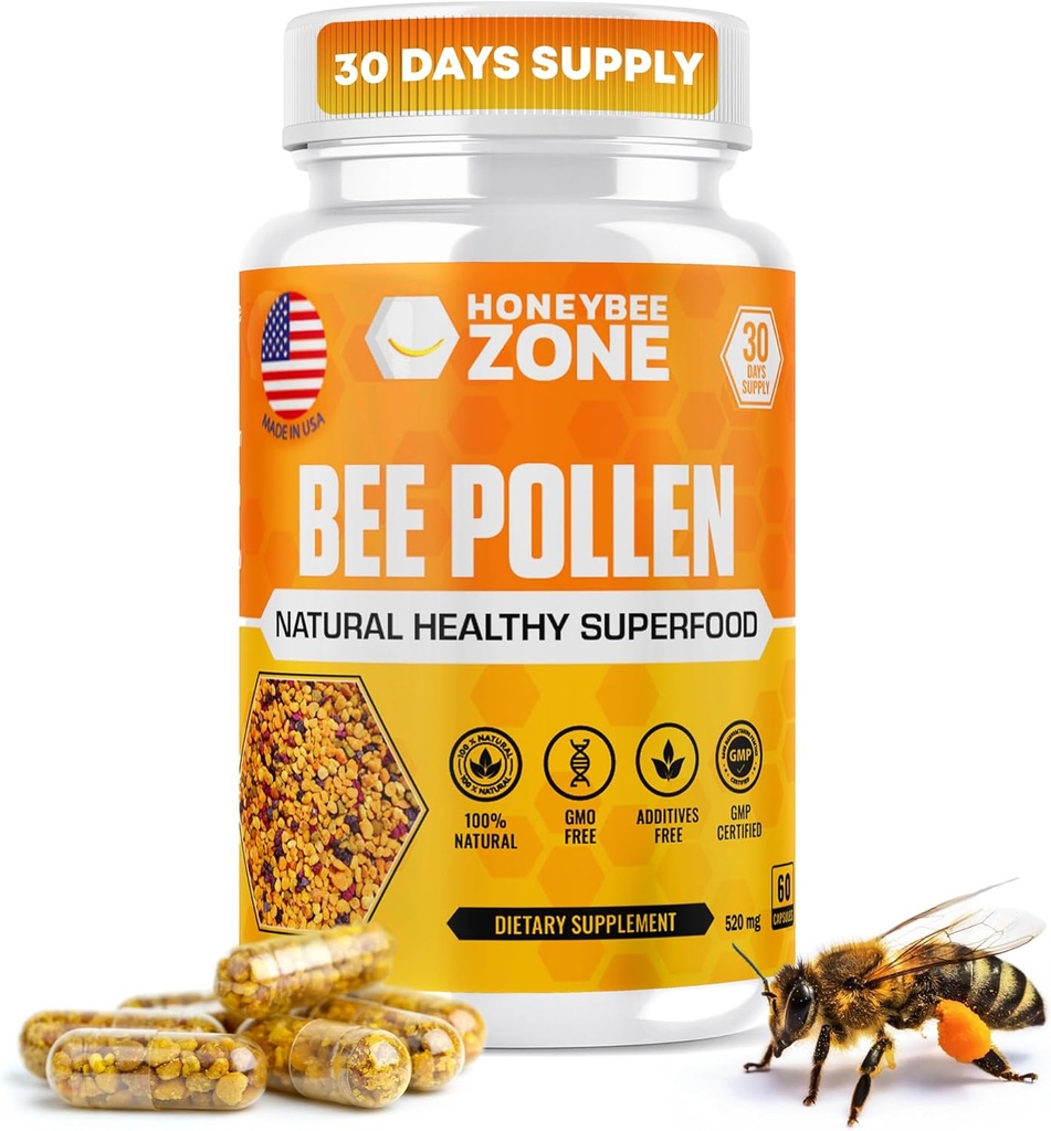 Bee pollen Suplemento 100% Natural Raw Bee pollen in Veggie Caps Fermented Pollen Multivitamin, Probiotic Superfood, Vital Proteins, Amino Acids, Immune Support &amp; Energy 60 Pollen Capsules