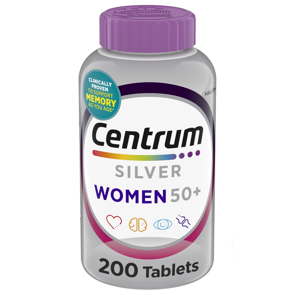 Centrum Silver Mujer Multivitamina para Mujer 50 Plus, Multivitamina/Multimineral Suplemento con Vitamina D3, B Vitaminas, Ingredientes no transgénicos, apoya la memoria y la cognición en adultos mayores - 200 Ct