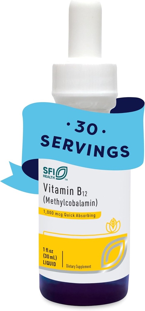 Klaire Labs SFI Health Vitamina B12 Liquid Drops 1mg - Metil B12 Drops, 1000mcg Active Methylcobalamin - Liquid Delivery for Efficient Absorption - Hypoallergenic (30ml / 1 fl oz)