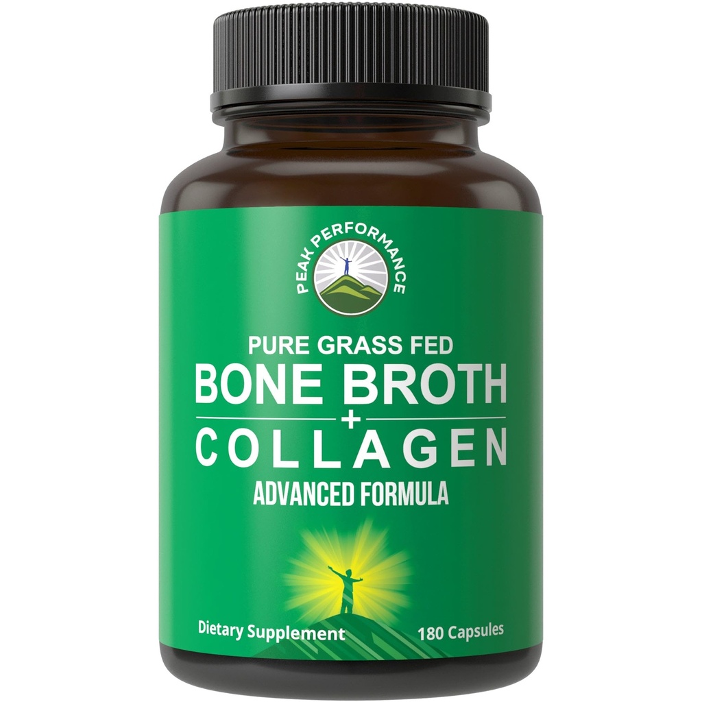 Bone Broth Collagen Capsules. 180 Pills of Grass Fed Bone Broth Collagen Protein Peptides. Contiene todos los 3 Tipos 1, 2, y 3. Pure Pasture Raised Paleo Friendly Tablets for Women and Men