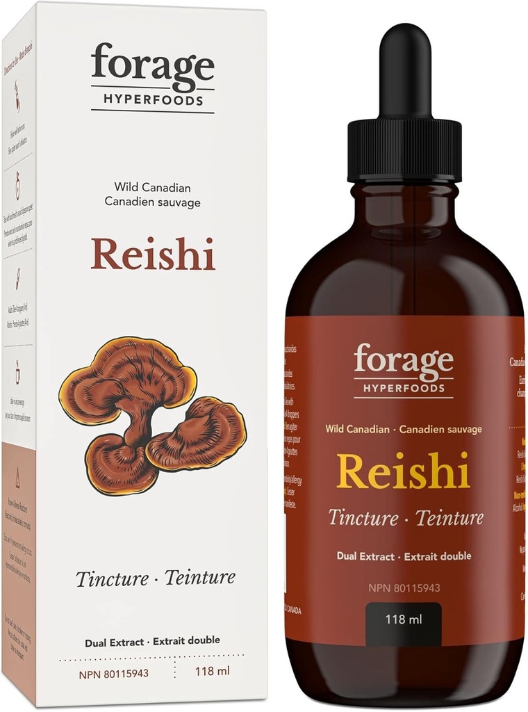 Forage Hyperfoods- Original Canadian Wild Reishi Mushroom Superfood Liquid Supplement Extract Tincture, Vegan, Non-GMO, Mejora el sistema inmunológico y la respuesta al estrés, calma natural, 118ML
