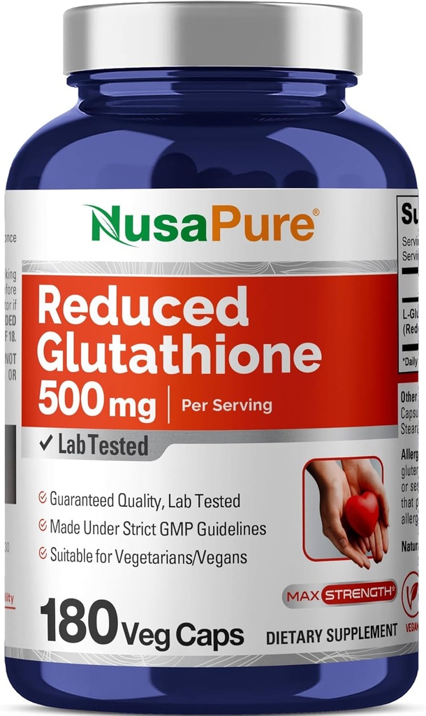 NusaPure Reducido Glutathione 500mg 180 Veggie Capsules (Vegan,No-GMO) L-Glutathione