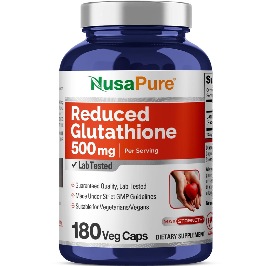 NusaPure Reducido Glutathione 500mg 180 Veggie Capsules (Vegan,No-GMO) L-Glutathione