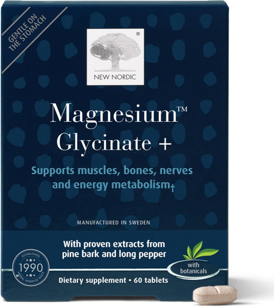 New Nordic Magnesium Glycinate, 220 mg Maximum Absorption Tablets with Pine Bark & Long Pepper, Gentle on Stomach for Women & Men, 30 Servings