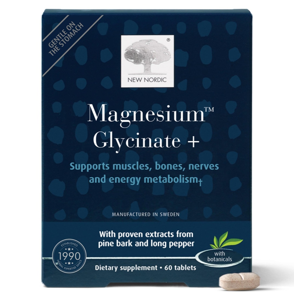 New Nordic Magnesium Glycinate, 220 mg Maximum Absorption Tablets with Pine Bark & Long Pepper, Gentle on Stomach for Women &amp; Men, 30 Servings