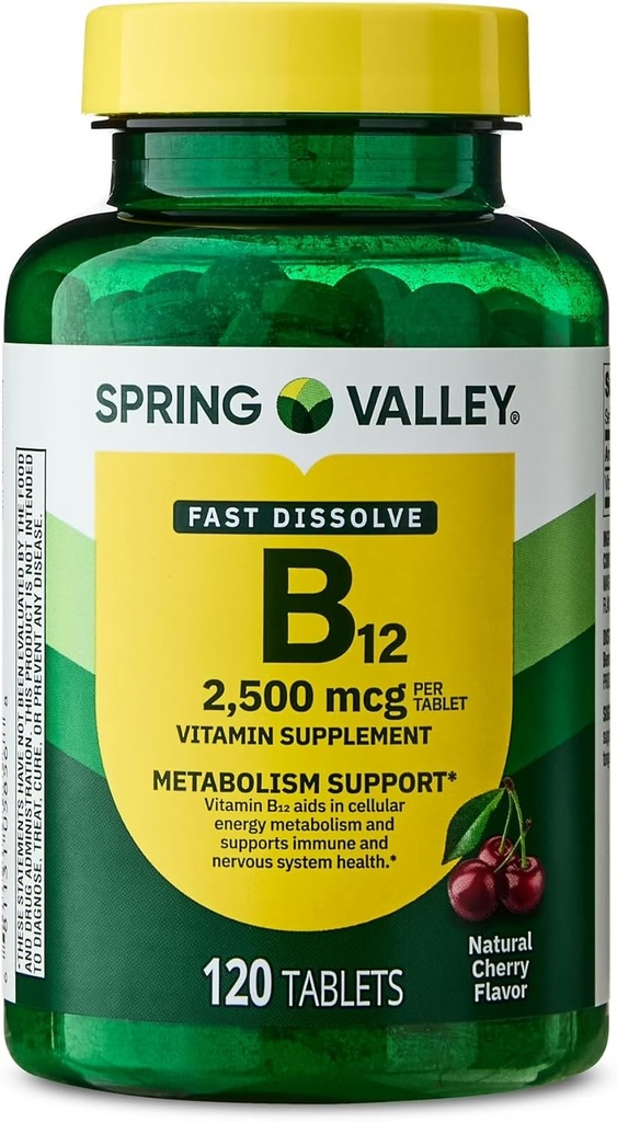 Spring Valley, Vitamina B12 2500 MCG, B12 Quick-Dissolve Cherry Flavor Tablets Dietary Supplement, Vitamina B12, 120 Cuenta - Nuevo Look (Pack of 1)