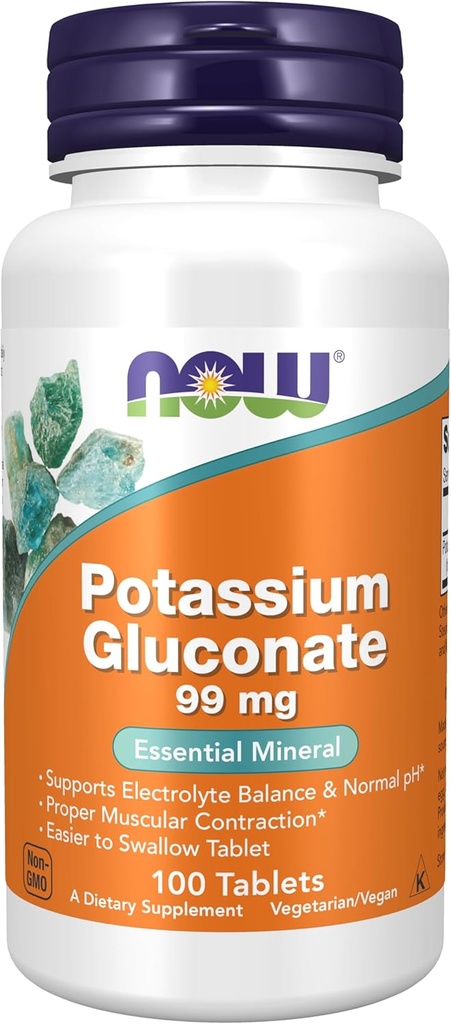 AHORA Alimentos Suplementos, Potasio Gluconate 99mg, Easier to Swallow, Mineral Esencial*, 100 Tabletas