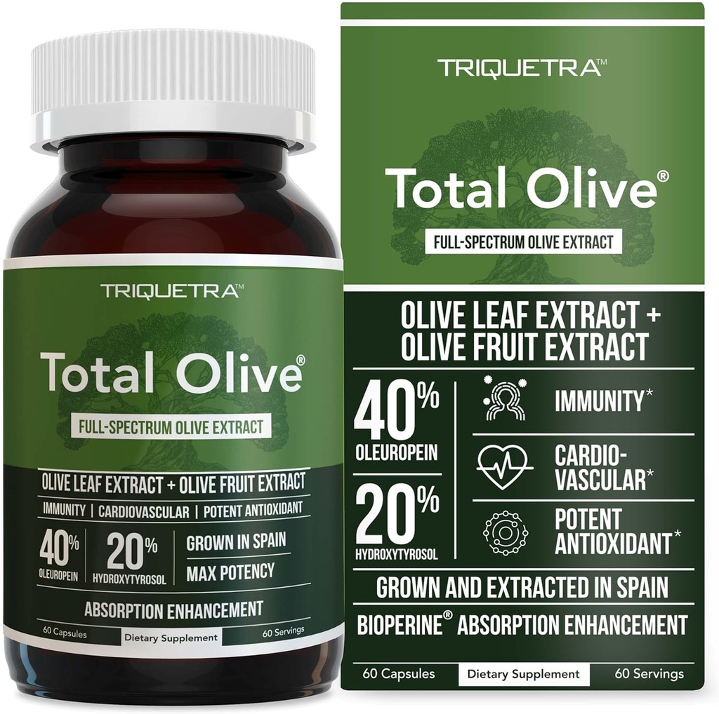 Total Olive® - Extracto de hoja de oliva (40% Oleuropeina) Más extracto de fruta de oliva (20% Hydroxytyrosol) – Extracto de espectro completo Grown &amp; Extracto en España – Mejora de absorción BioPerina (60 Conde)