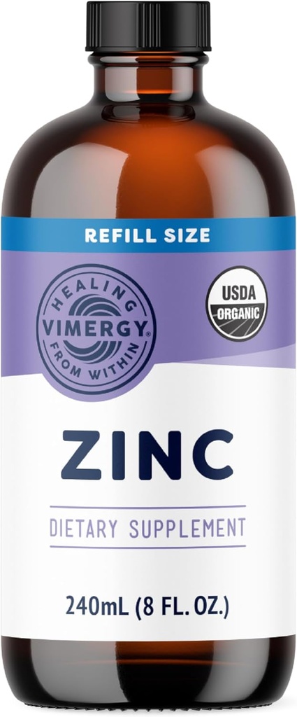Suplementos Zinc Orgánicos Vimergy para Hombres (7.5mg Zinc líquido por ser) Apoyo a la absorción rápida, promueve la piel de huesos saludables, USDA Certified Organic, Vegan, Hasta 120 Servings (240mL)
