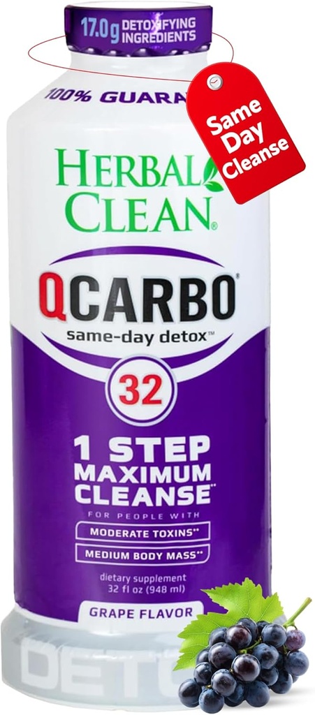 Herbal Clean Qcarbo32 Mismo Día Detox Cleanse Drink (32 fl oz) - Grape Flavor Full Body Cleanse* Detox Drink for high Toxin Level*, Vitamina B2 y Vitamina B12 para Hombres &amp; Mujeres