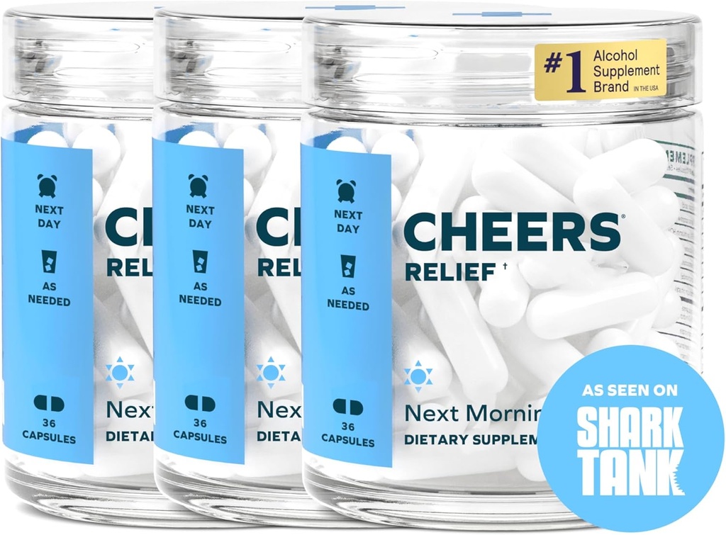 Cheers Relief | Next Morning Aid with Ginger + White Willow Bark | Feel Better After Drinking | 36 Doses | Ginger, White Willow Bark, L-Theanine, Caffeine