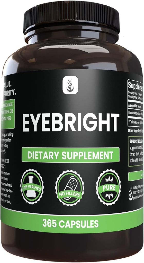 PURE ORIGINAL INGREDIENTES Eyebright (365 capsules) No hay magnesio o rifles de arroz, siempre puro, lab Verified