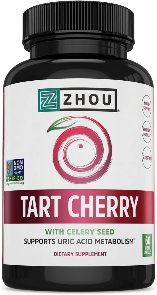 Zhou Tart Cherry Extract + Celery Seed - Tart Cherry Capsules for Men &amp; Women, Tart Cherry Concentrate Pills for Sleep & Uric Acid Cleanse, 1000mg Por Pill - 60 Veggie Capsules (Pack of 1)