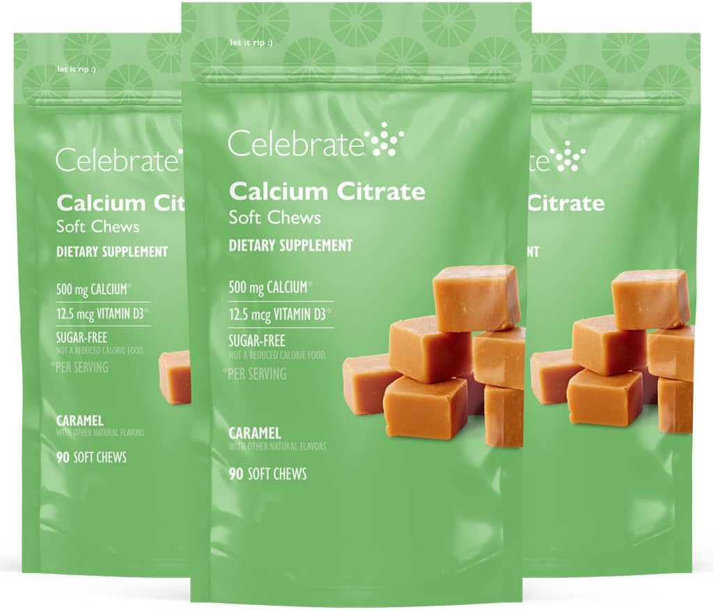 Celebrar vitaminas Bariatric 500mg Calcio Citar cerdas suaves con 500 UI Vitamina D3 – Esencial para el bypaso gástrico Pacientes " Bone Health - Sugar " Gluten Free, Caramel (270 Chews)