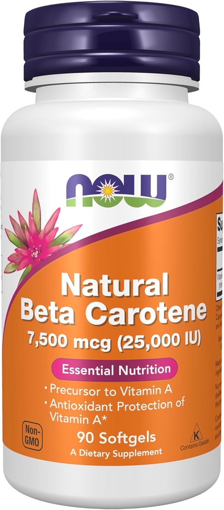 AHORA Alimentos Suplementos, Beta Natural Caroteno 25,000 UI, Nutrición Esencial, 90 Softgels