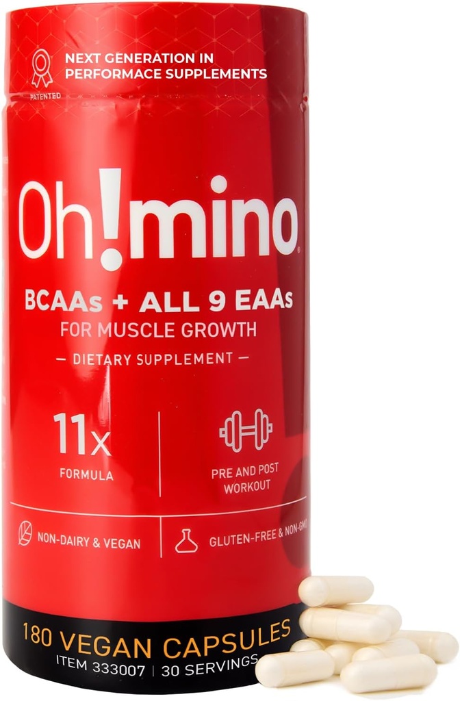 Suplemento de aminoácidos esenciales Oh!mino. Caffeinated Capsules. Los 9 EAAs, BCAAs y el Amino perfecto para los entrenamientos, Amino Energy, y para construir músculo, y recuperar más rápido.