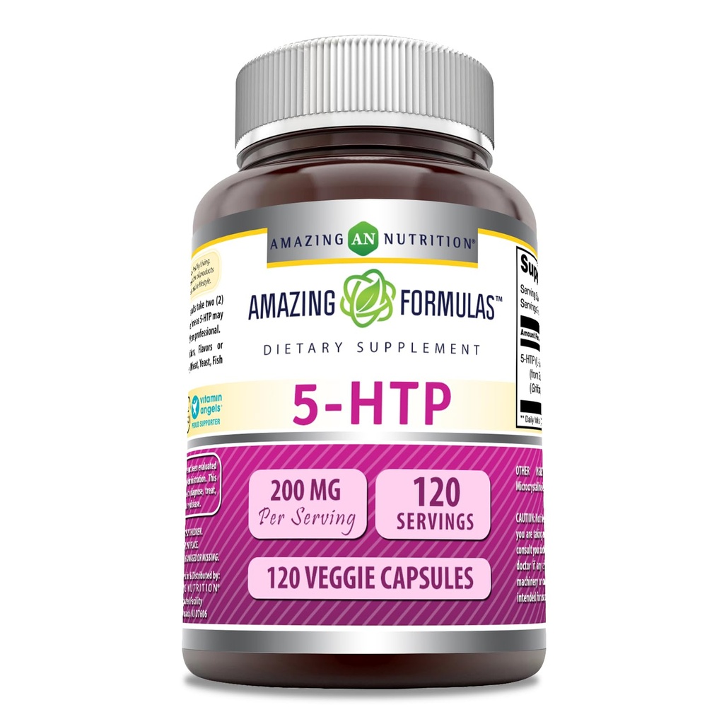 Amazing Formulas 5-HTP (L-5-Hydroxytryptophan) Supplement | 200 Mg per Serving | Veggie Capsules | Non-GMO | Gluten-Free | Made in USA (1 Pack | 120 Count)